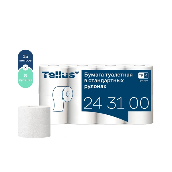 Бумага туалетная Tellus Премиум T4 3 сл белая 15 м 8рул/уп (артикул производителя 243100) — фото 1