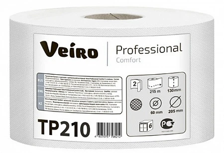 Туалетная бумага в рулоне VEIRO Professional Comfort 2 слойная белая с центральной вытяжкой 215 м (артикул производителя ТP210) — фото 1