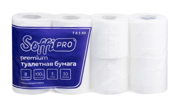 Бумага туалетная в рулоне SoffiPro Premium 3 сл без тиснения белая 30 м 8рул/уп (артикул производителя 10900970) — фото 1